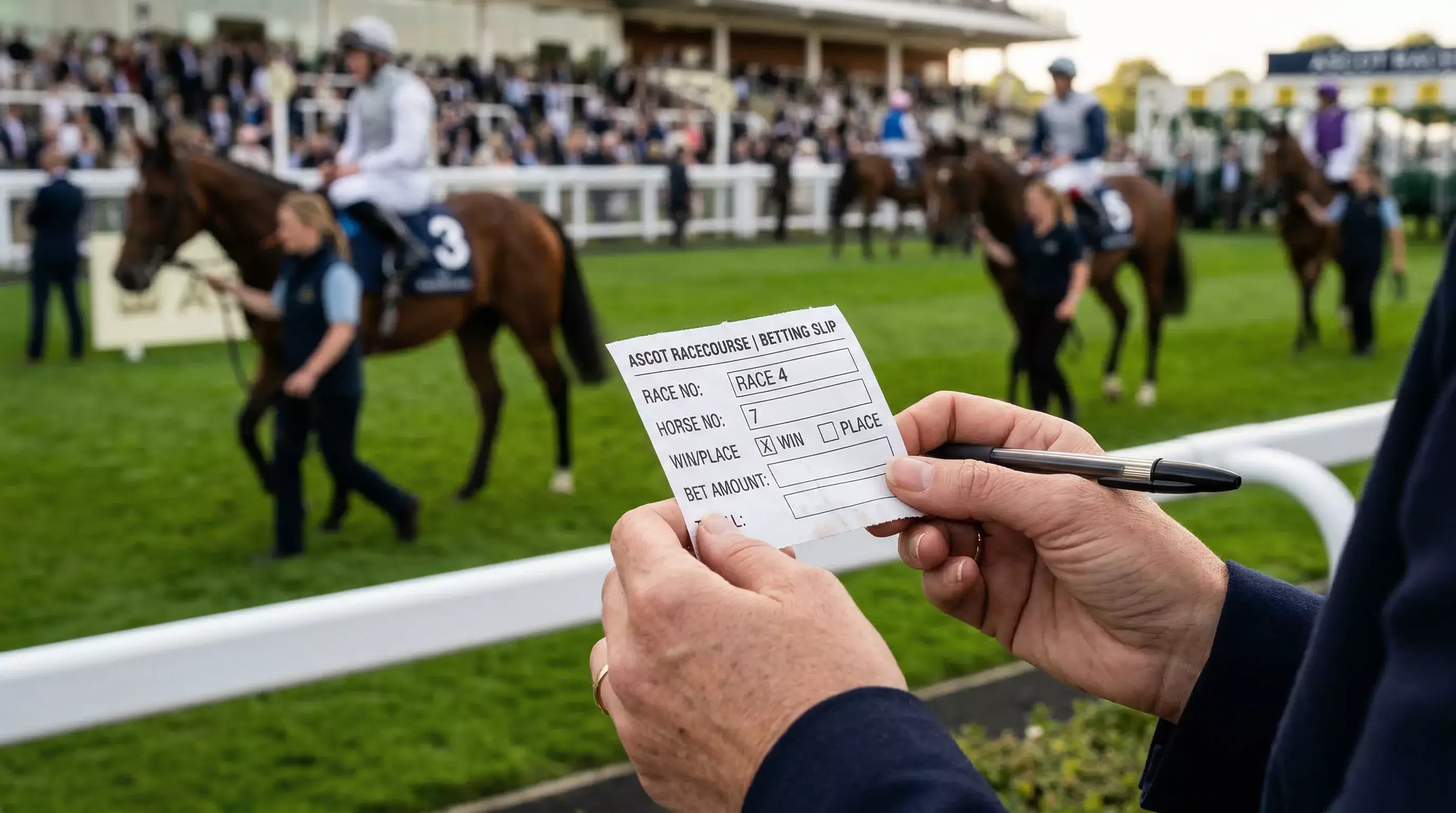 Nahaufnahme eines Wettscheins für Pferderennen neben einer Rennbahn mit startbereiten Galoppern