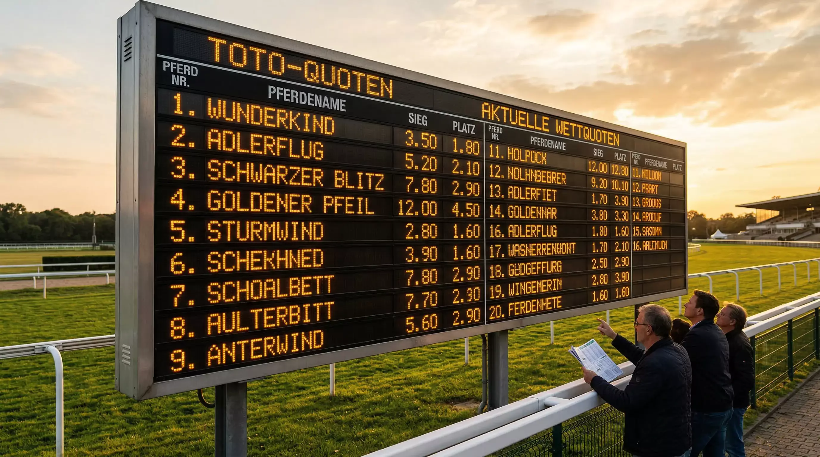 Quotentafel am Rand einer Galoppbahn zeigt Eventualquoten für ein deutsches Pferderennen