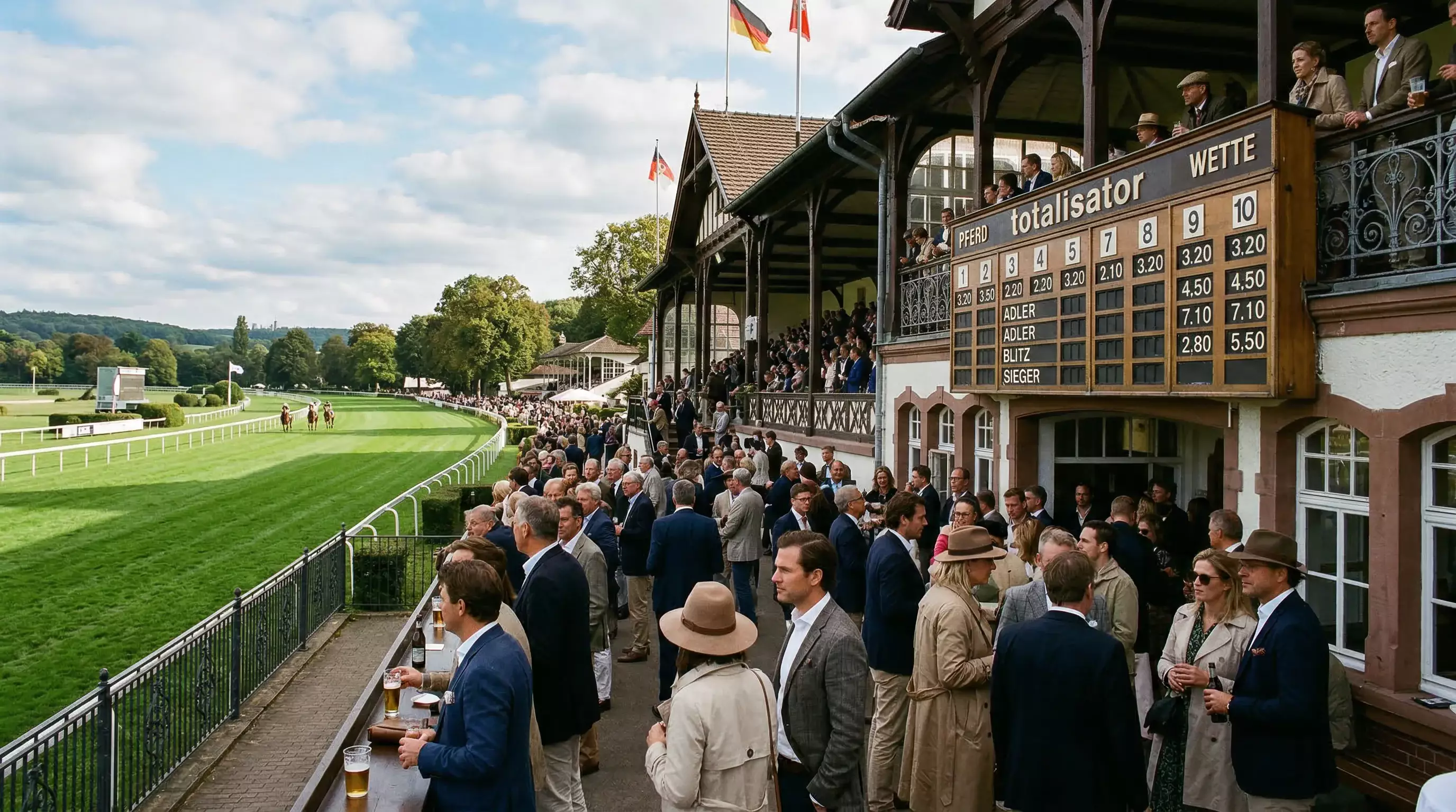 Historische Rennbahn in Deutschland mit Zuschauern und Totalisator-Anzeige am Rand der Galoppbahn
